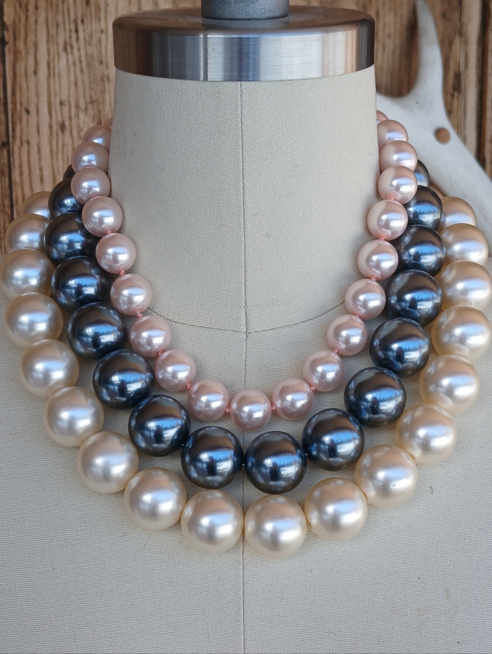 3 Strands Of Pearls Necklaces Pink, Gunmetal, and Cream